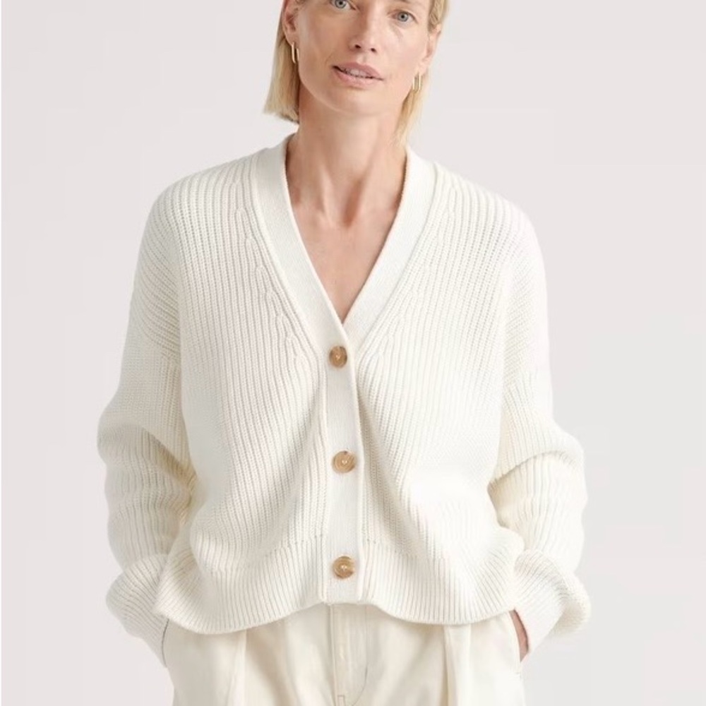 Quince 100% Organic Cotton Fisherman Boxy Cardigan in Ivory